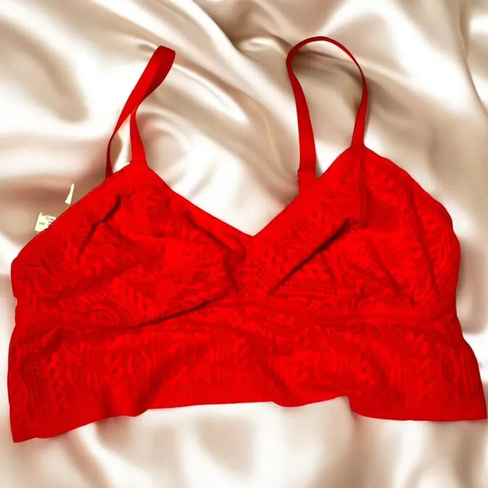 NWT Aerie Women's XL Bralette Lace longline Bralette pullover holiday floral red - Picture 2 of 7